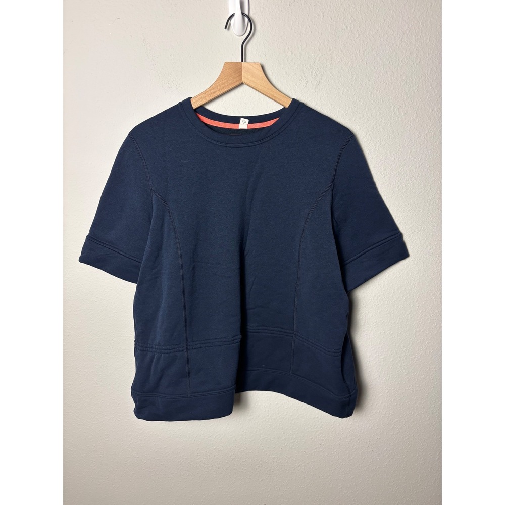 ☀️Lululemon Navy Blue Short Sleeve Sweatshirt Fleece Top Gold Logo Size 10
